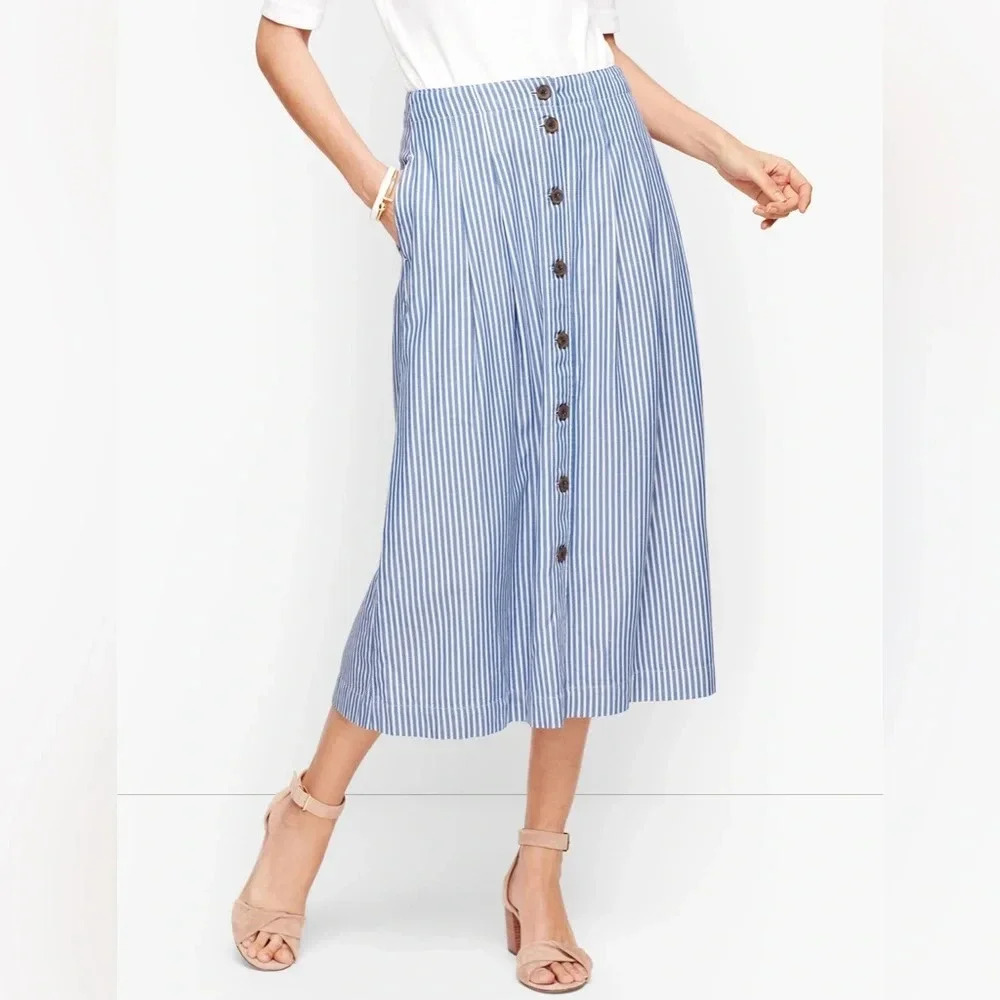 TALBOTS‎ Railroad Striped Button Front Cotton Skirt w Pockets size 8